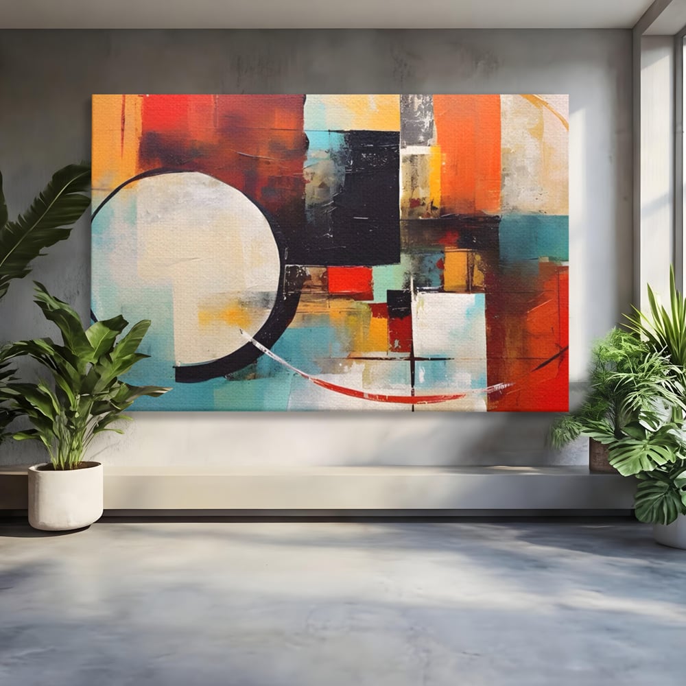 Tablou canvas cu pictura abstracta cu cercuri si linii, fara rama, pe sasiu de lemn